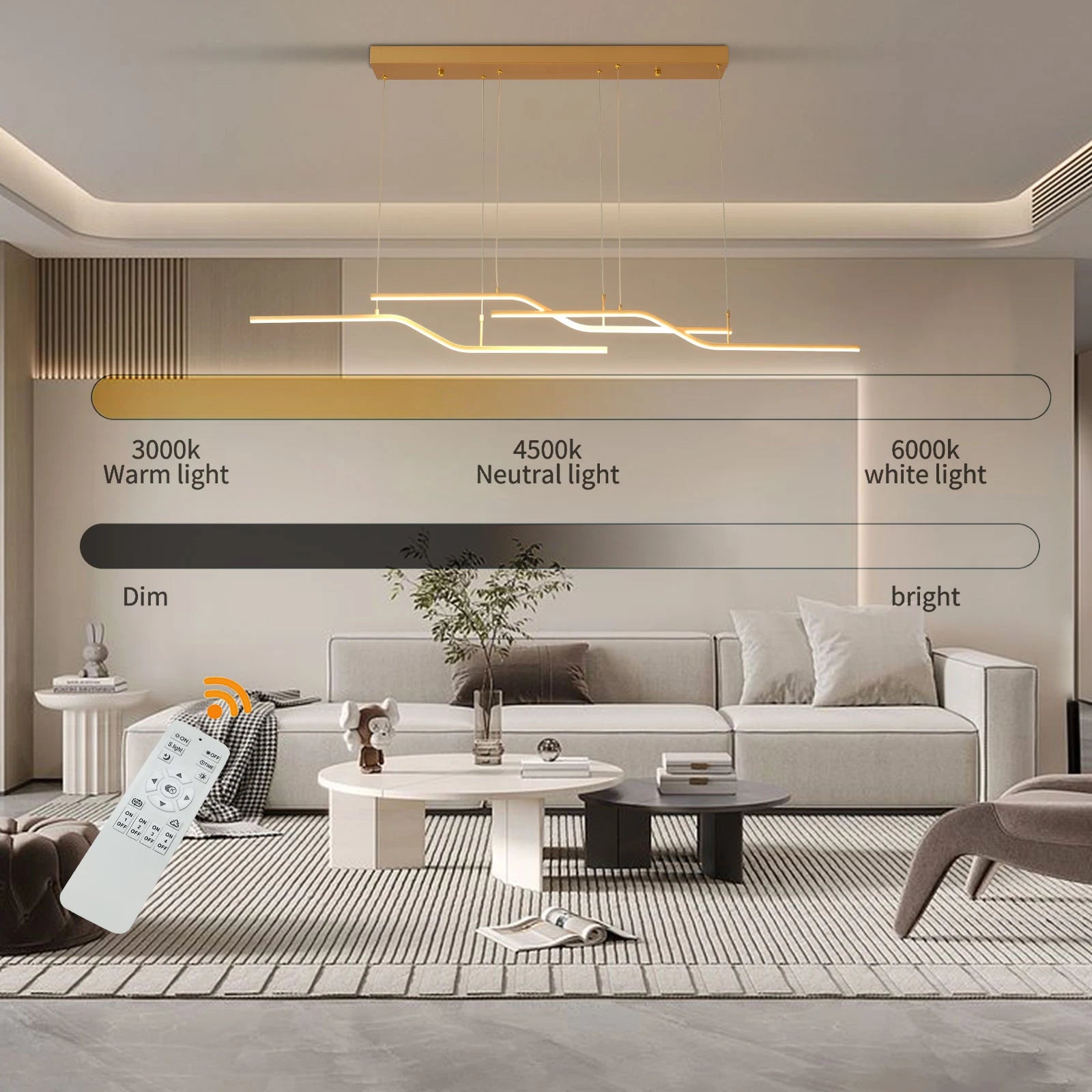 Modern Gold Linear LED Pendant Light – Dimmable Dining Chandelier