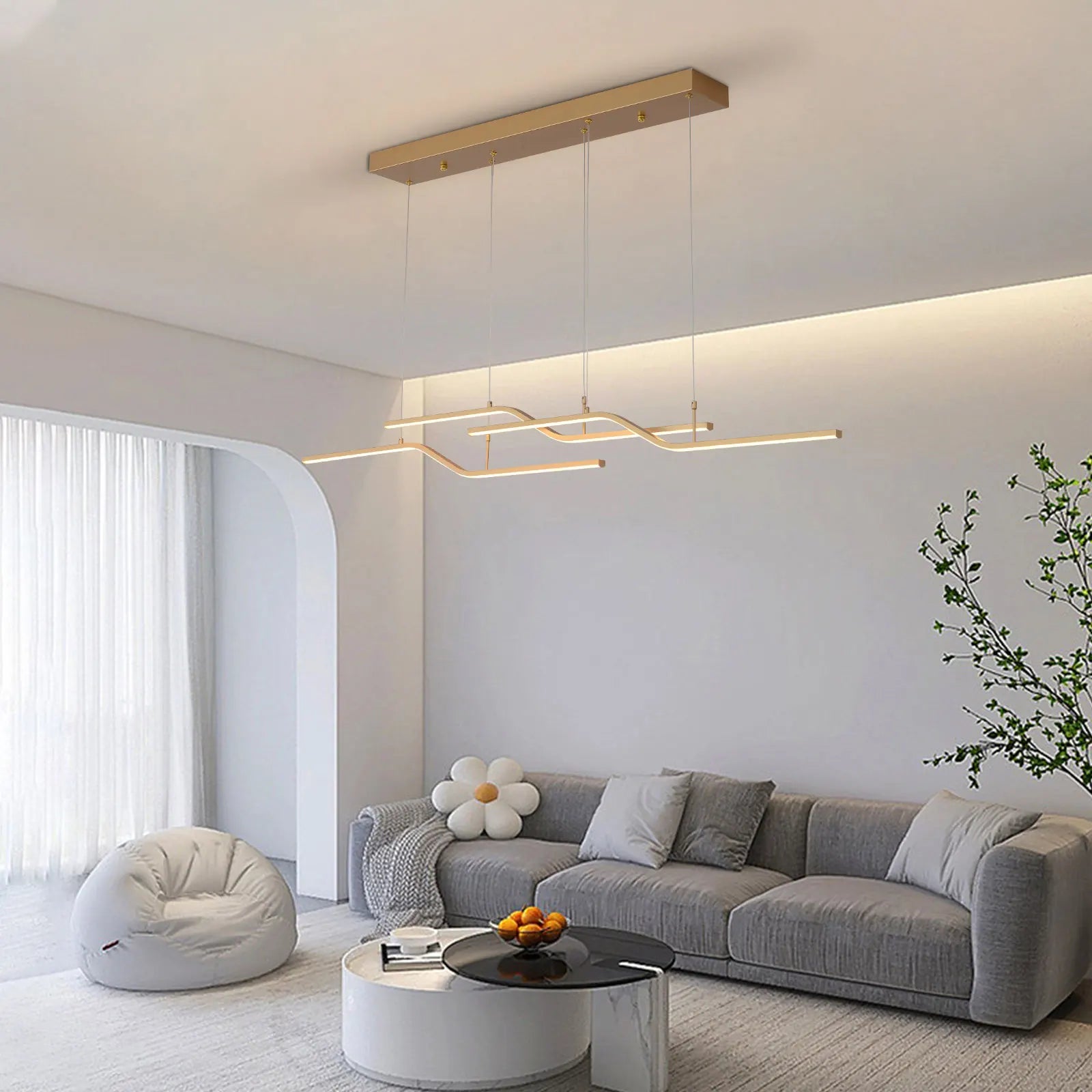 Modern Gold Linear LED Pendant Light – Dimmable Dining Chandelier